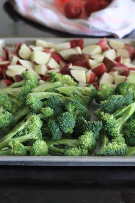 broccoli and potatoes on a sheet pan