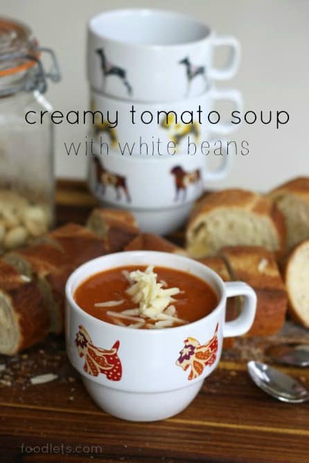 creamy tomato soup with white beans cheese croutons