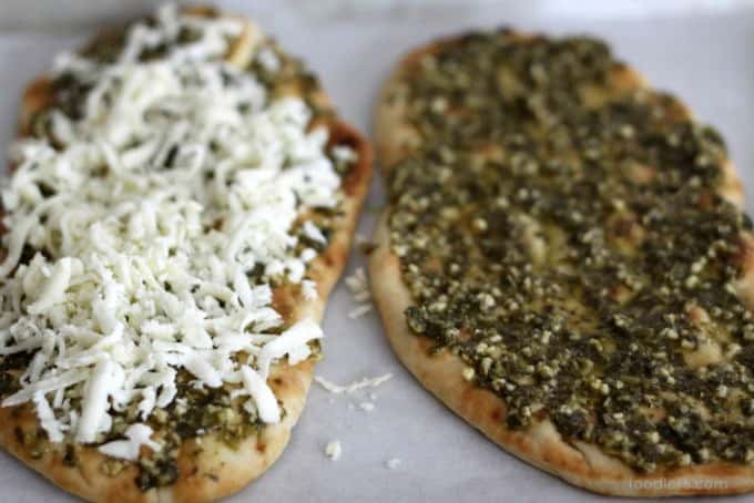 making pesto naan pizza