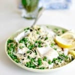 cod with lemon orzo and peas, foodlets